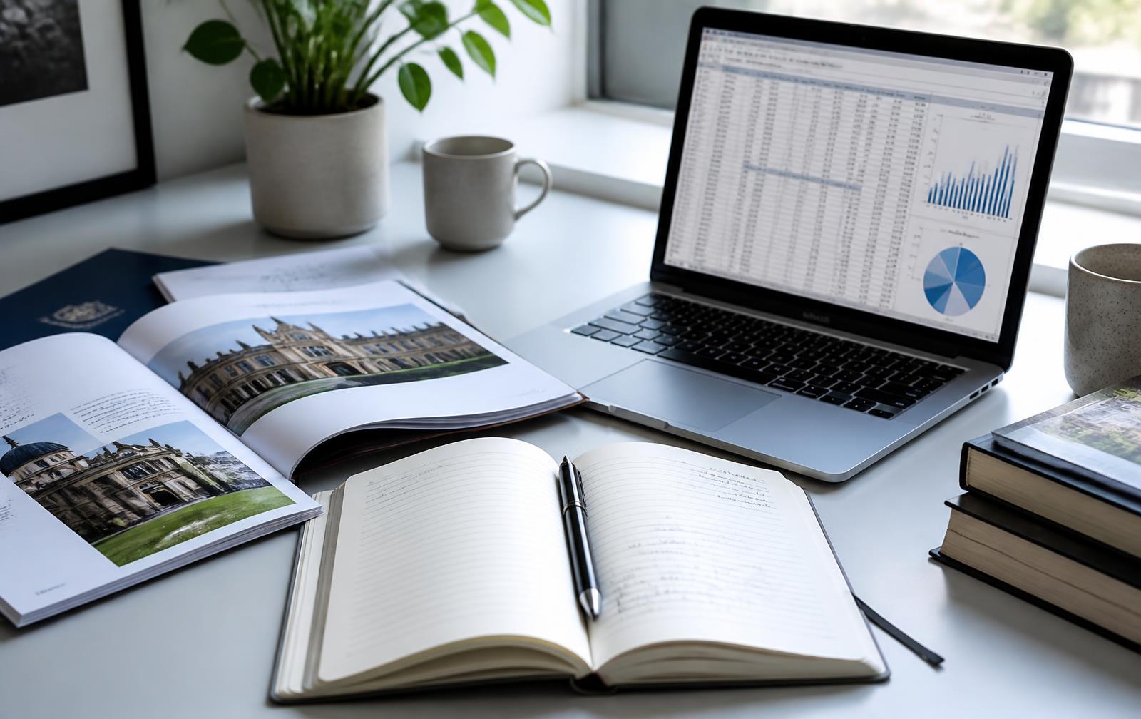 Official university prospectuses, a notebook and a laptop on a desk during independent research