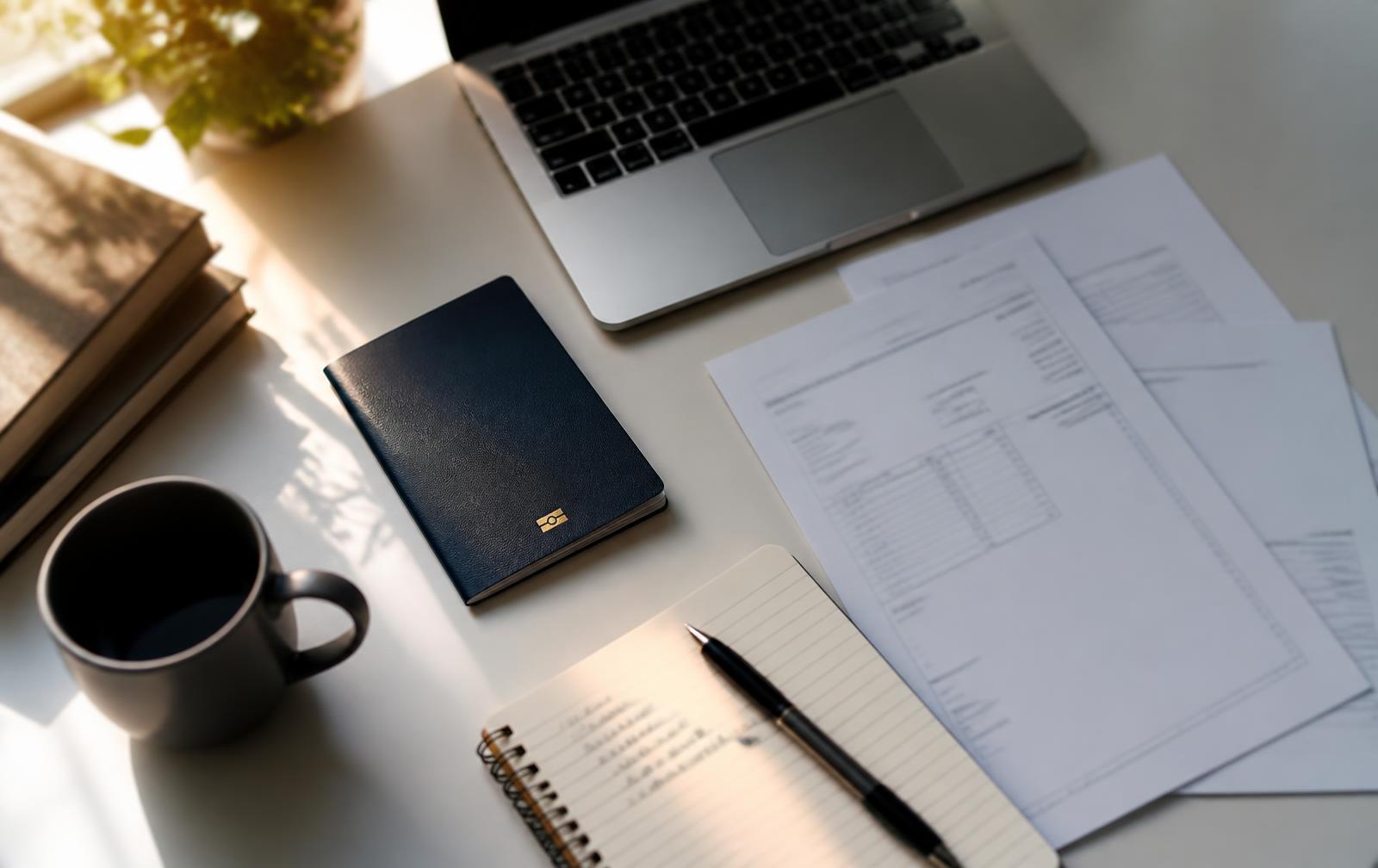 Application documents and a notebook on a desk