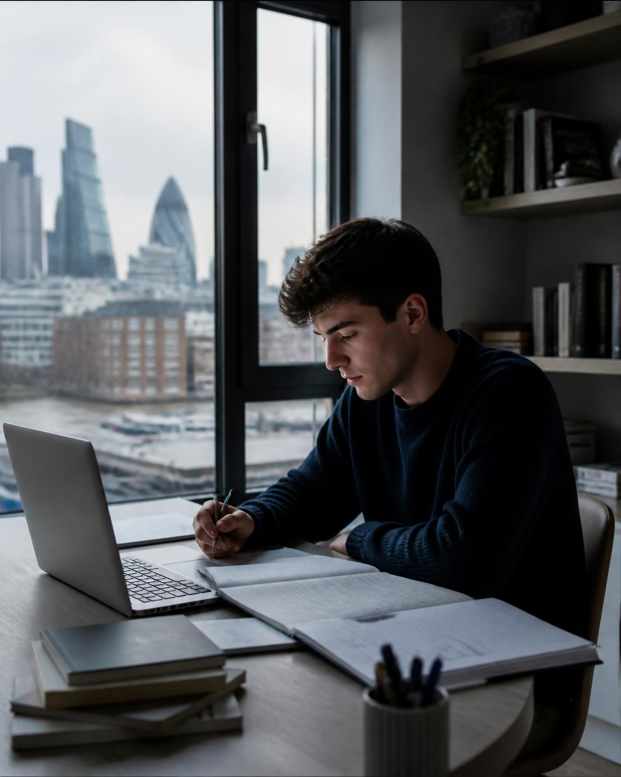 A student studying at a desk overlooking London